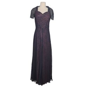 Vintage 1950s? Chantilly Lace Maxi Dress Evening Gown Navy Blue Delicate Feminin